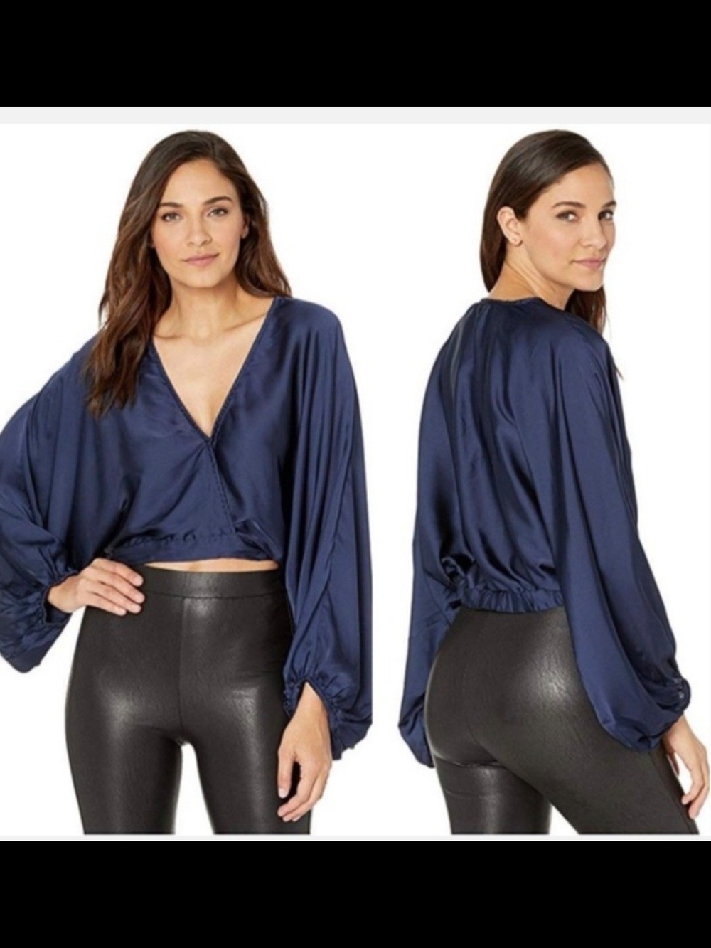 Free People Navy Satin Wrap Crop Blouse with Balloon Sleeves